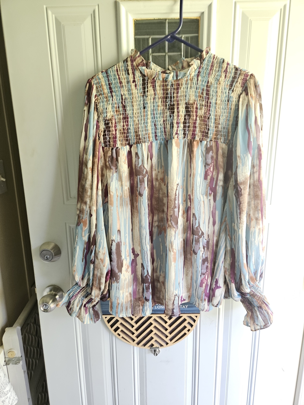 Smocked Yoke Watercolor Print Long-Sleeve Blouse - Blue Multi Size S